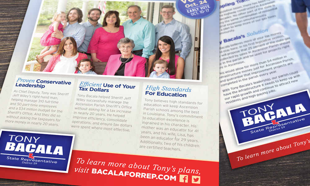 Innovative Politics designed print collateral for Tony Bacala for State Representative