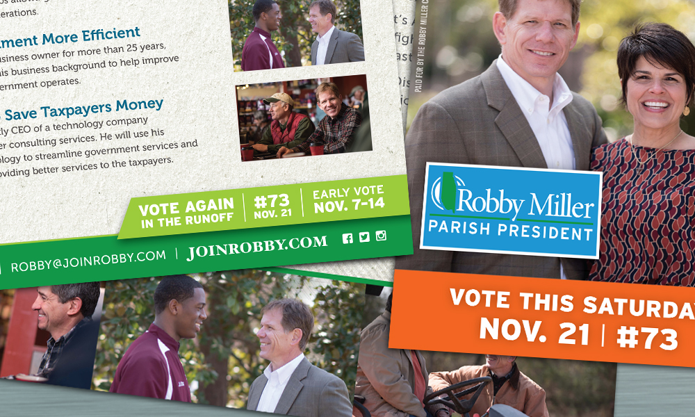 Innovative Politics designed print collateral for Robby Miller for Parish President
